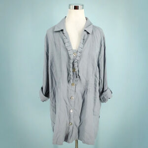 Soft Surroundings Plus Size 1X Gray Ruffle Pleated Button Linen Blend Tunic Top